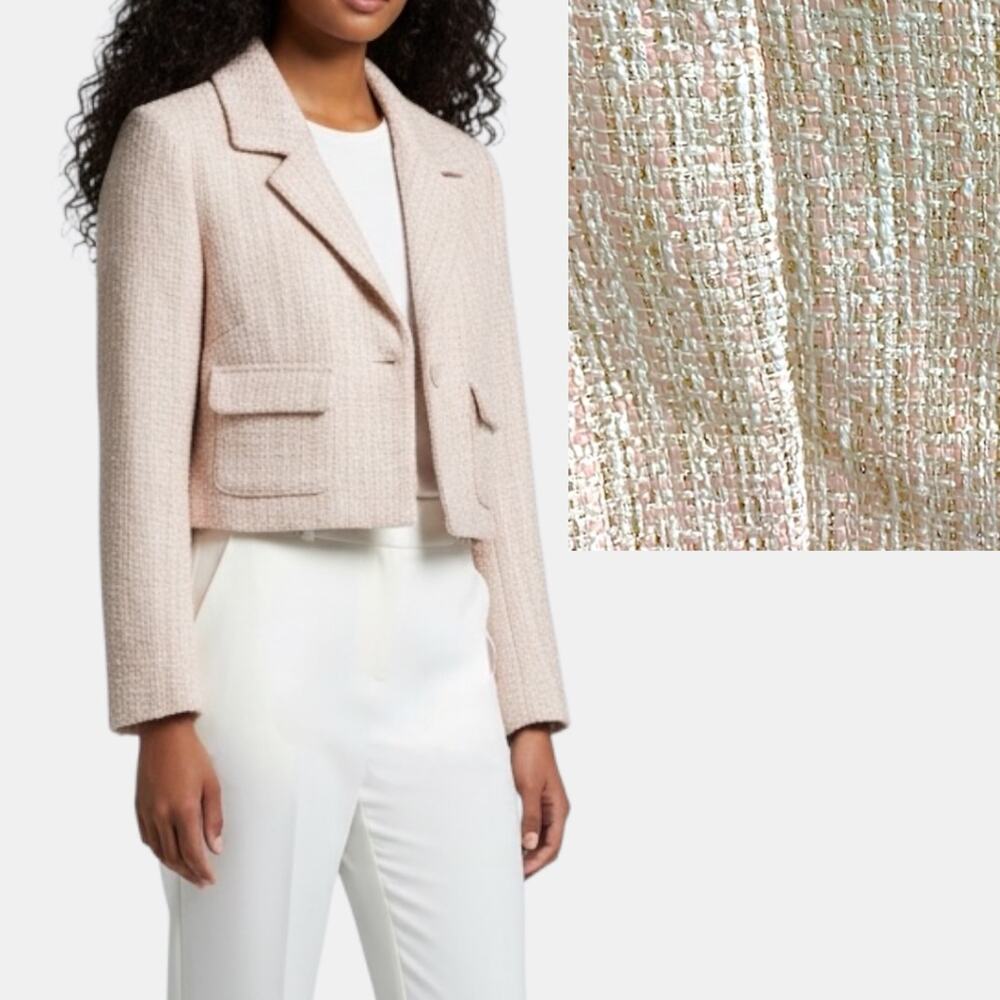 Forever 21 Blazer Women’s SZ S Pink Cream Gold Cropped Tweed Pocket Button Up‎